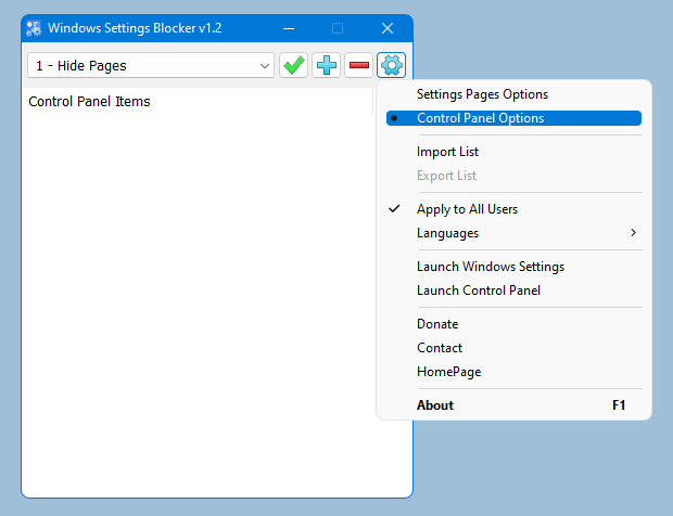 control panel options