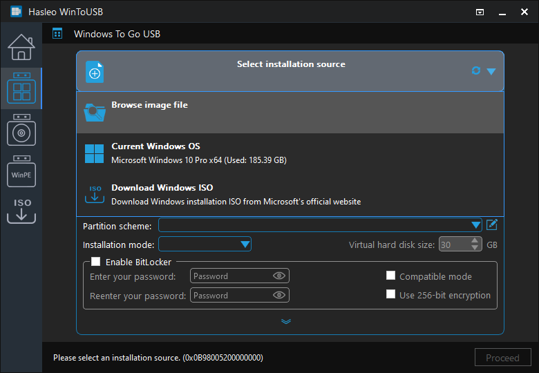 Select installation source for Windows To Go